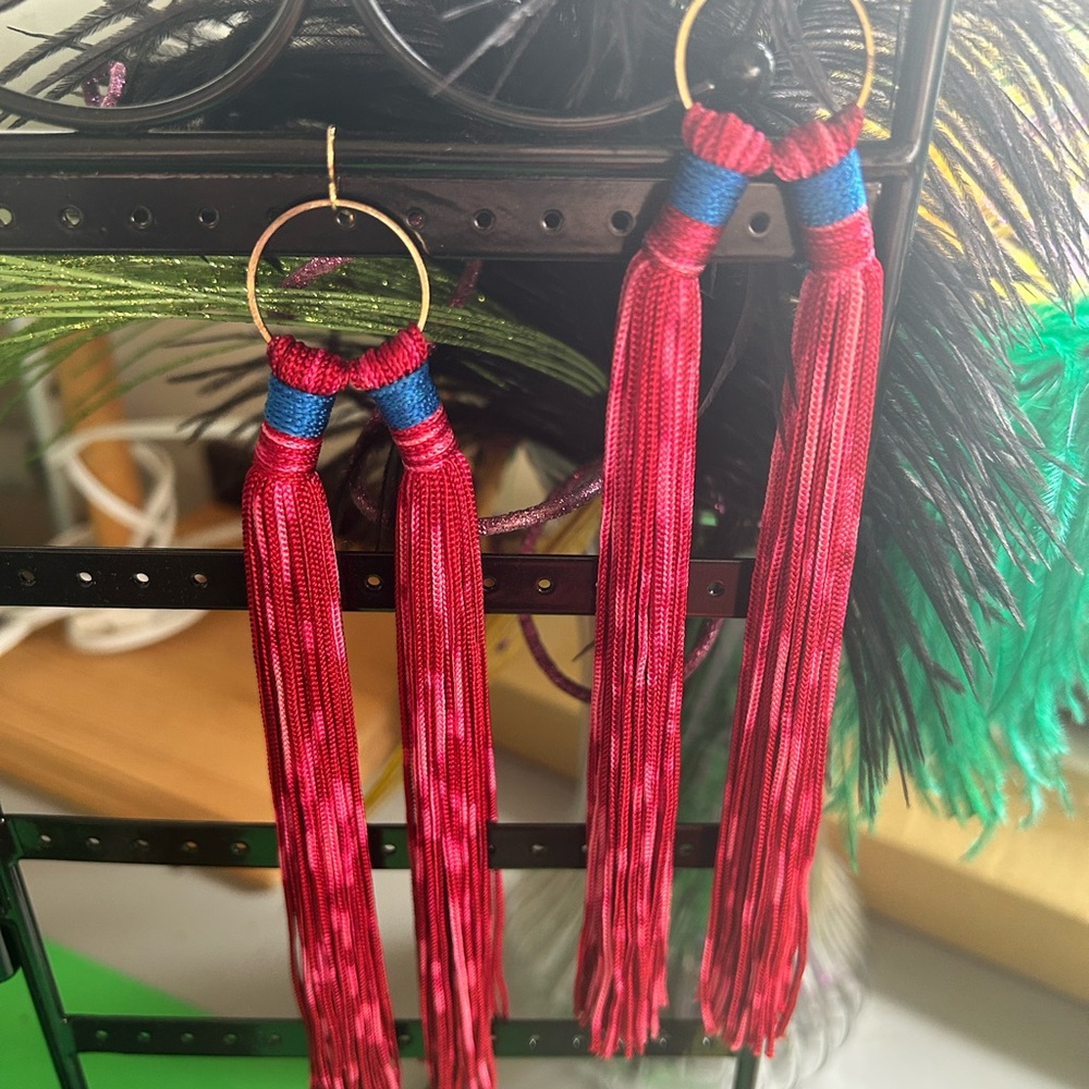 Red, pink, blue with gold mimi girouard unique fringe New Orleans earrings